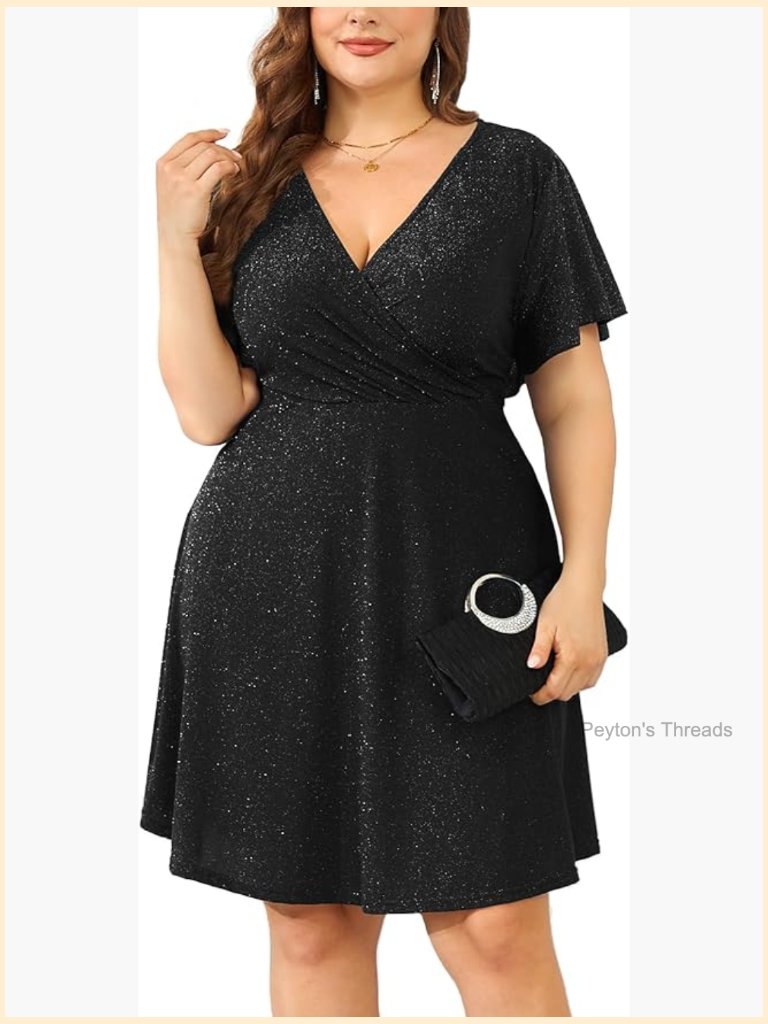 Sparkly Glitter Wrap V Neck A Line Mini Dress Plus Size 0x-4x